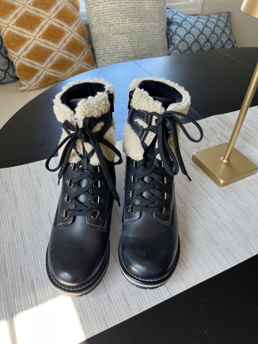 Women’s Black Lace-Up Ankle Boots with Cream Shearling Trim
